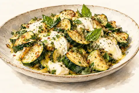 Dessin gastronomique : Poêlée de courgettes, mozzarella et aromates