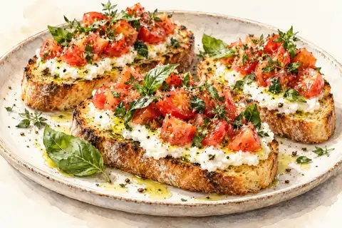 Dessin gastronomique : Bruschettas tomate, ricotta et Mélange italien