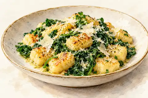 Dessin gastronomique : Gnocchis, épinards et parmesan à l’italienne