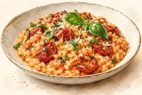 Dessin gastronomique : Risotto à la tomate confite et basilic