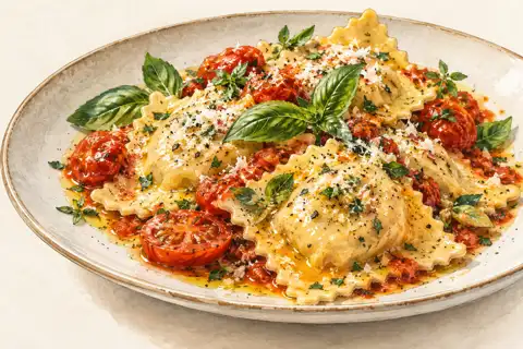 Dessin gastronomique : Ravioles de ricotta, tomate et Mélange italien