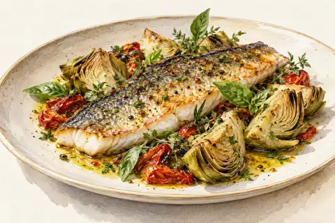 Dessin gastronomique : Bar rôti, artichauts et Mélange italien