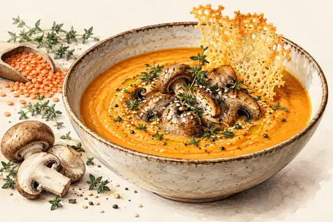 Dessin gastronomique : Velouté de Mésange, champignons et tuile de parmesan