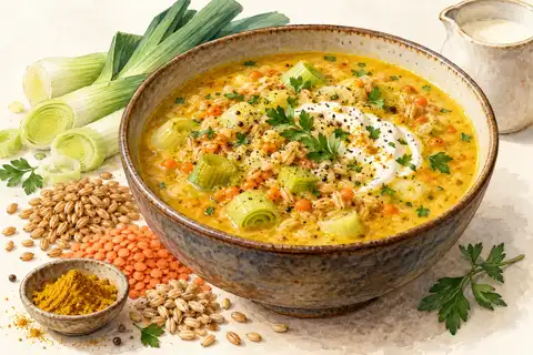 Dessin gastronomique : Soupe Madras, poireaux et crème