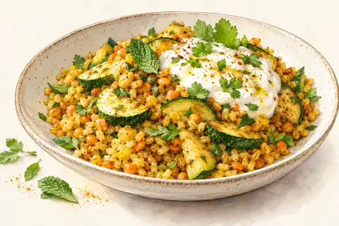 Dessin gastronomique : Madras précuit, courgettes et yaourt