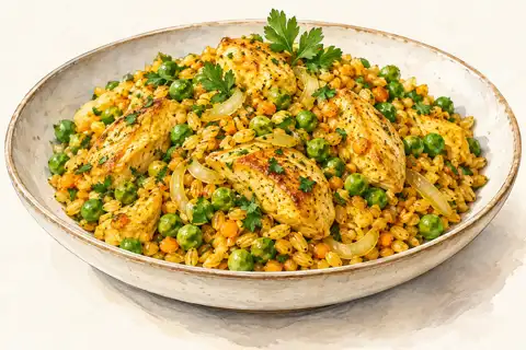 Dessin gastronomique : Poêlée de Madras, petits pois et poulet