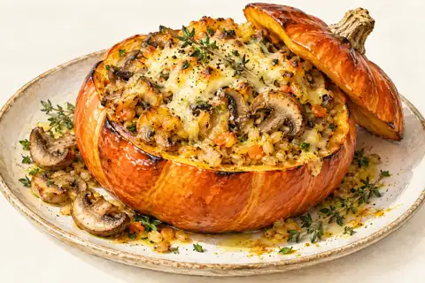 Dessin gastronomique : Courge farcie au Madras, champignons et comté