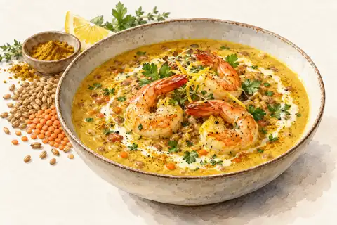 Dessin gastronomique : Velouté Madras, crevettes et crème citronnée