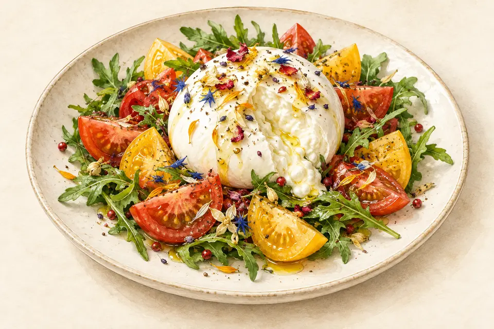 Dessin gastronomique : Burrata, tomates colorées et Pincée Fleurie