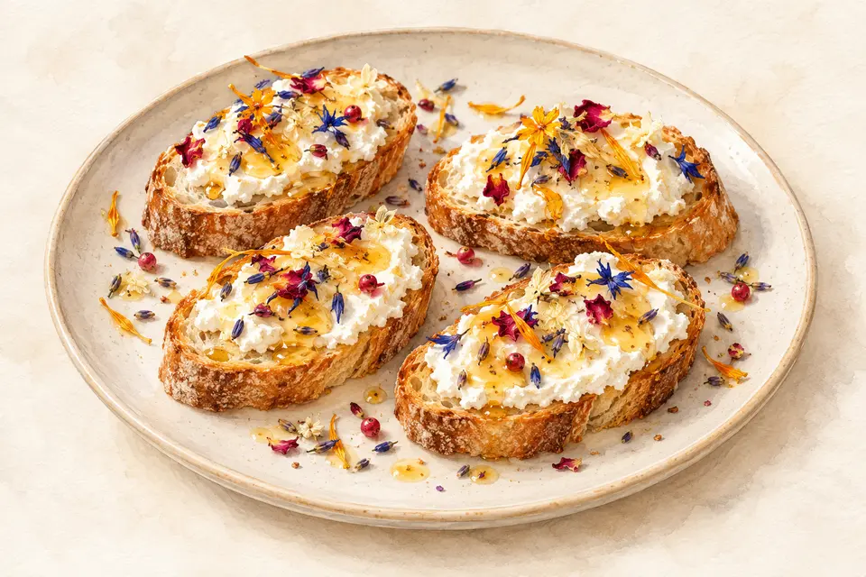 Dessin gastronomique : Toasts de chèvre, miel et Pincée Fleurie