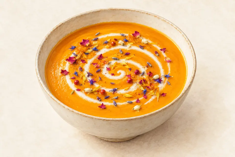 Dessin gastronomique : Velouté de carotte au coco et Pincée Fleurie