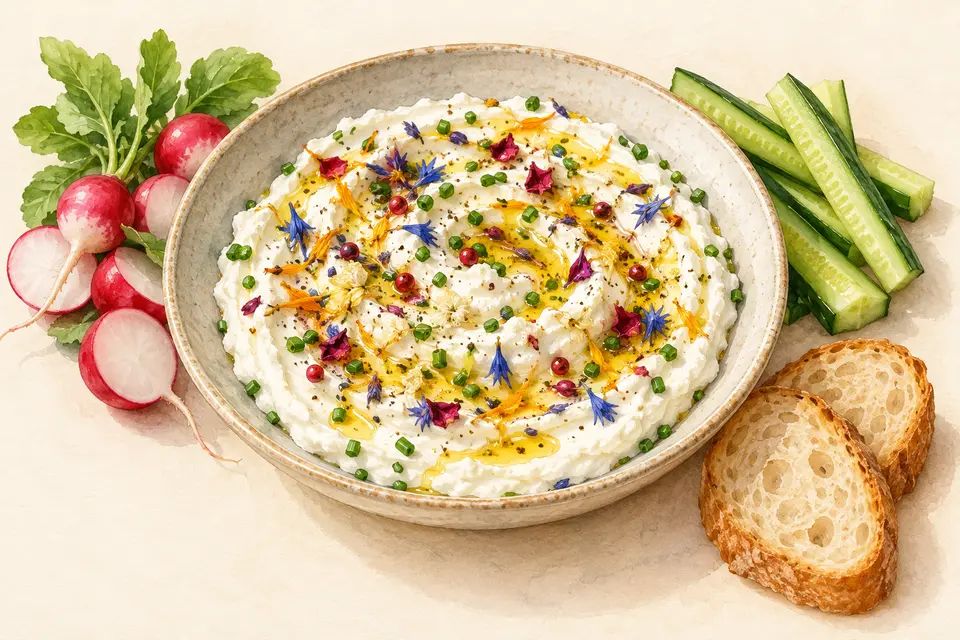 Dessin gastronomique : Fromage frais fleuri à partager