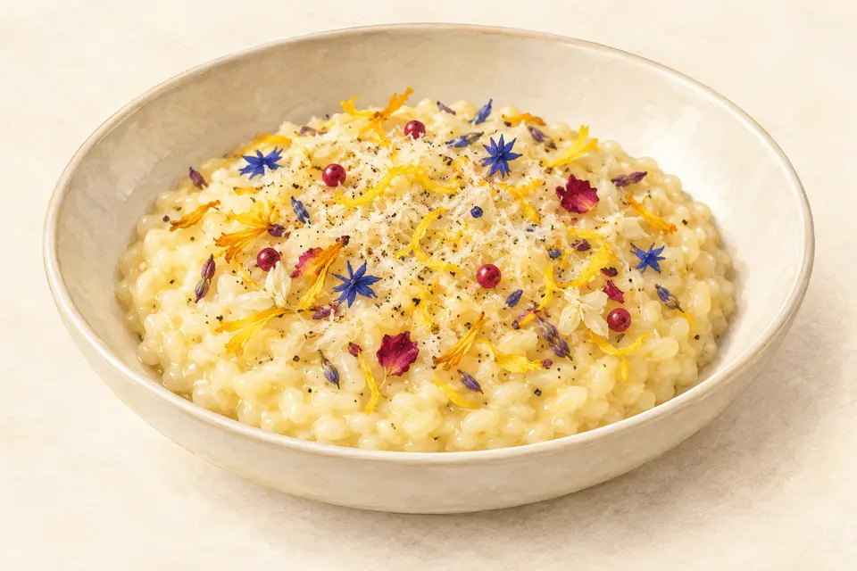 Dessin gastronomique : Risotto crémeux au citron et Pincée Fleurie