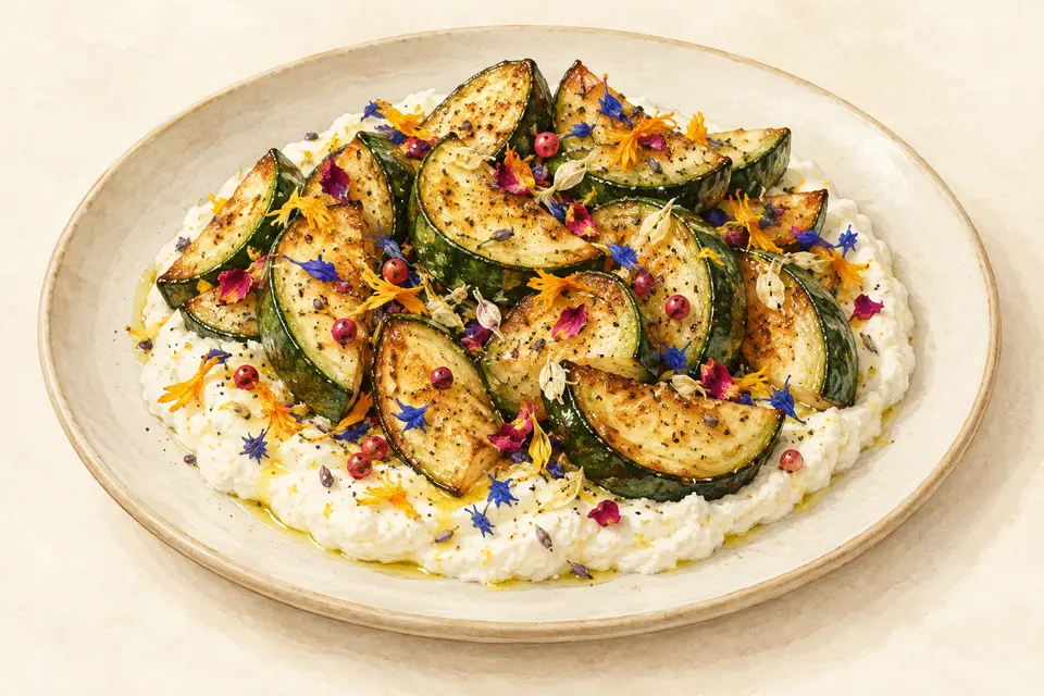 Dessin gastronomique : Courgettes rôties, ricotta citronnée et Pincée Fleurie