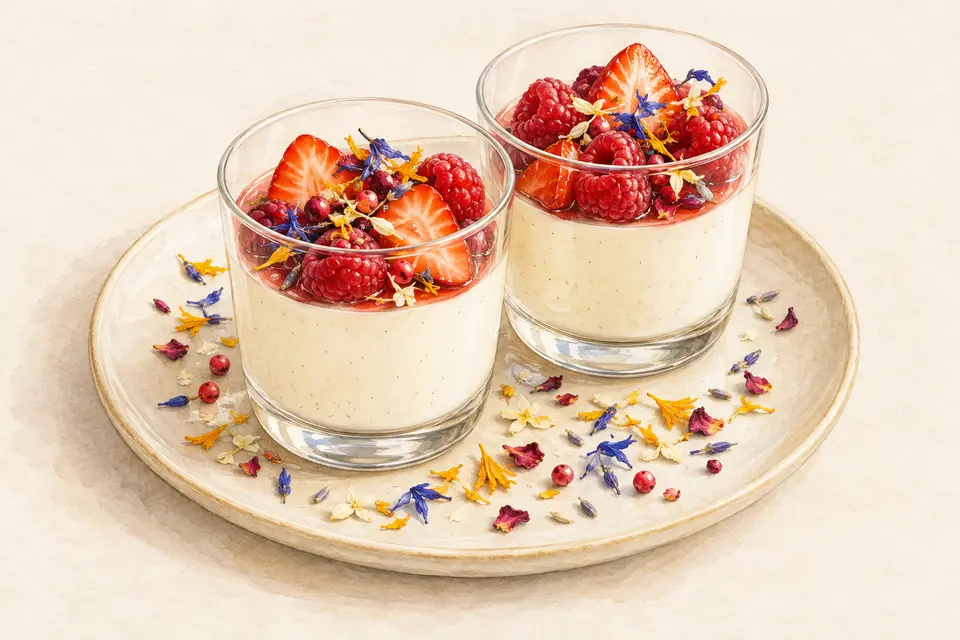 Dessin gastronomique : Panna cotta vanille, fruits rouges et Pincée Fleurie