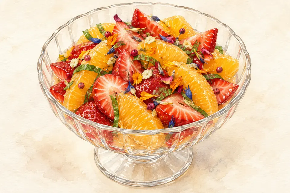Dessin gastronomique : Salade de fraises et d’agrumes à la Pincée Fleurie
