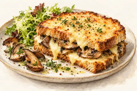 Dessin gastronomique : Croque comté et champignons fumés