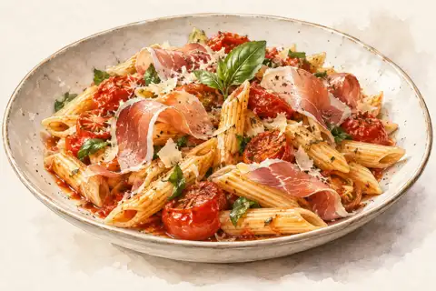 Dessin gastronomique : Penne aux tomates et Fumé de l’Ange