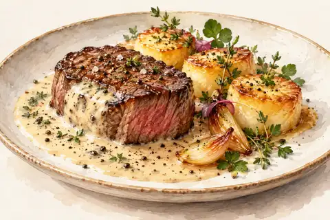 Dessin gastronomique : Filet de bœuf, crème fumée et pommes fondantes