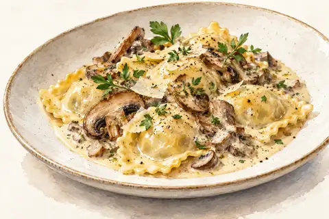 Dessin gastronomique : Ravioles de champignons, crème au Fumé de l’Ange
