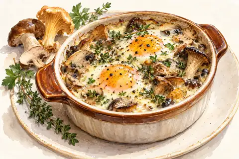 Dessin gastronomique : Œufs cocotte aux champignons des Forêts