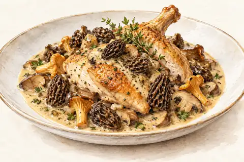 Dessin gastronomique : Volaille aux morilles et Mélange des Forêts