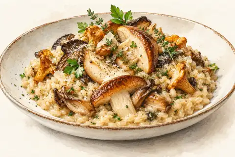 Dessin gastronomique : Risotto de cèpes et Mélange des Forêts