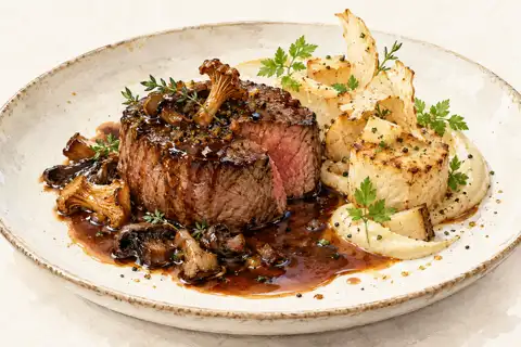 Dessin gastronomique : Filet de bœuf, jus des Forêts et céleri