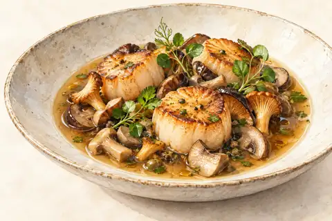Dessin gastronomique : Saint-Jacques, champignons et bouillon des Forêts