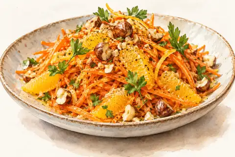 Dessin gastronomique : Carottes râpées, orange et L’Écureuil