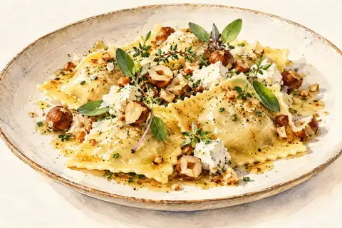 Dessin gastronomique : Ravioles de chèvre, noisette et L’Écureuil