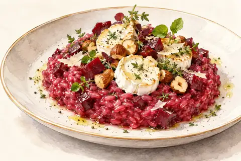 Dessin gastronomique : Risotto de betterave, chèvre et L’Écureuil