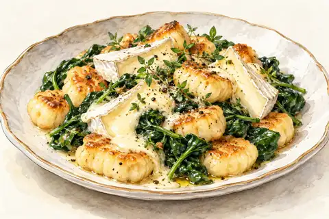 Dessin gastronomique : Gnocchis, épinards et Délice des Gourmets