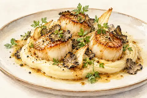 Dessin gastronomique : Saint-Jacques, purée de panais et Délice des Gourmets