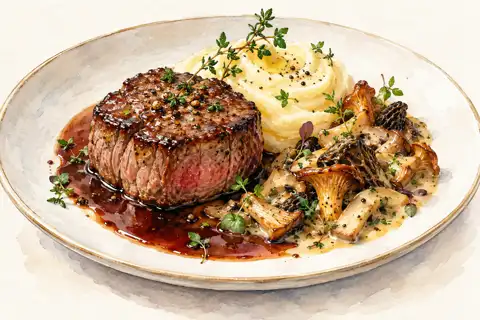 Dessin gastronomique : Filet de bœuf, purée fine et Délice des Gourmets