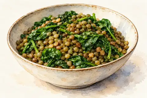Dessin gastronomique : Lentilles déjà cuites, épinards et Niglo