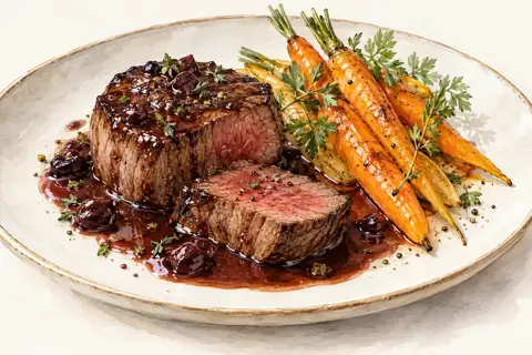 Dessin gastronomique : Filet de bœuf, jus au Niglo et carottes