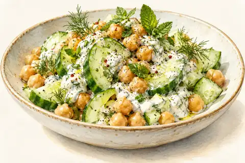 Dessin gastronomique : Concombre, pois chiches et sauce fraîche