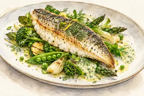 Dessin gastronomique : Bar rôti, légumes verts et sauce fraîche