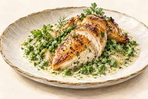 Dessin gastronomique : Volaille, petits pois et crème aux herbes