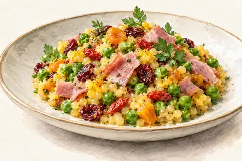 Dessin gastronomique : Perles Fruitées aux petits pois et jambon