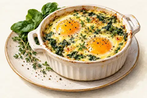 Dessin gastronomique : Œufs cocotte, épinards et Mélange Omelette