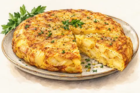Dessin gastronomique : Tortilla aux pommes de terre précuites