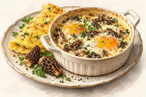Dessin gastronomique : Œufs cocotte aux morilles et Mélange Omelette