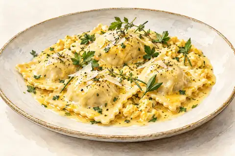Dessin gastronomique : Ravioles de ricotta, sauce au Mélange Omelette